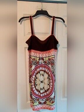 110 West Colorful Art Tank Top Dress Hippie 70s Boho Sz 8 Orange Brown Slinky US